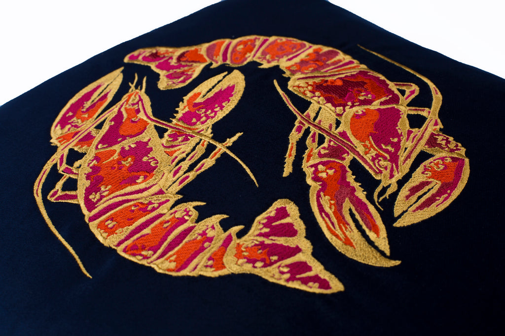 Embroidered Lobster Velvet Cushion